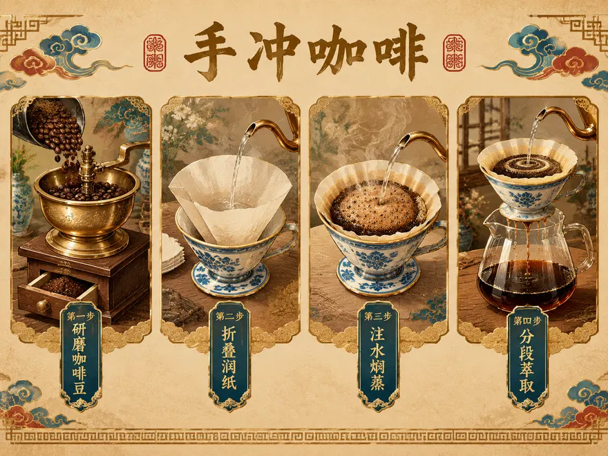 手冲咖啡萃取步骤图（AI 生成图片提示词）