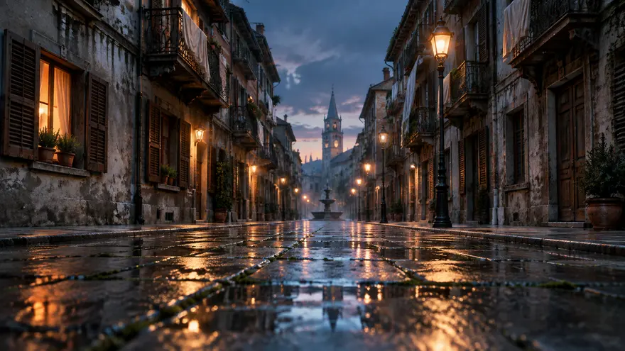 雨夜欧陆老街一点透视场景 AI 图片生成提示词