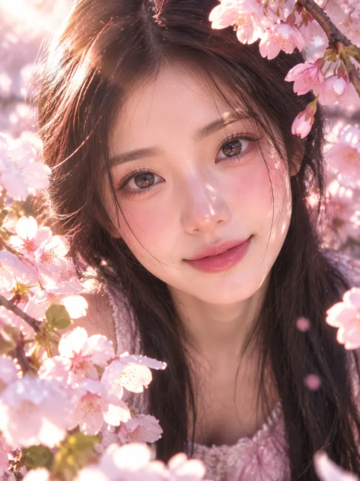 初春樱花下亚洲少女面部特写写真AI 提示词