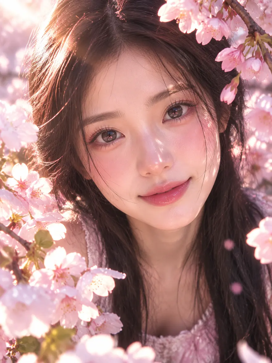 初春樱花下亚洲少女面部特写写真AI 提示词