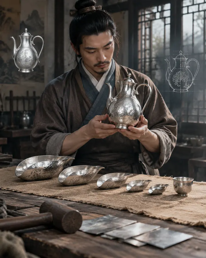 宋代院体工匠双重曝光打造银器尺寸对比展示（生图提示词）
