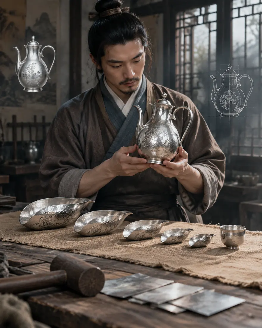 宋代院体工匠双重曝光打造银器尺寸对比展示（生图提示词）