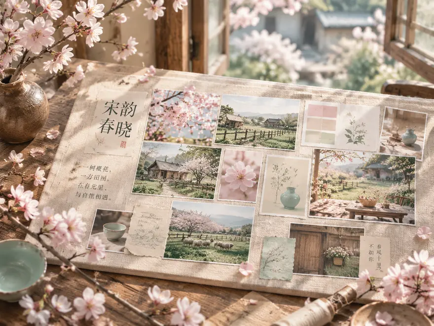 宋韵田园农庄初春樱花品牌视觉情绪板生图提示词