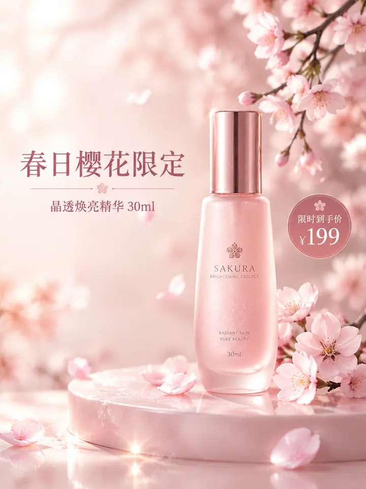 春日樱花限定护肤品电商海报 AI 绘画提示词