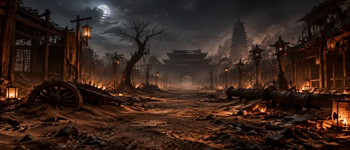 唐风长安废墟深夜烛光木构残城场景（生图提示词）