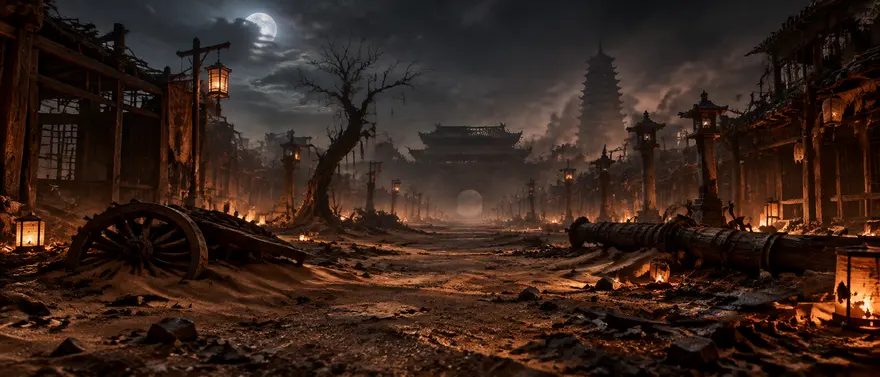唐风长安废墟深夜烛光木构残城场景（生图提示词）