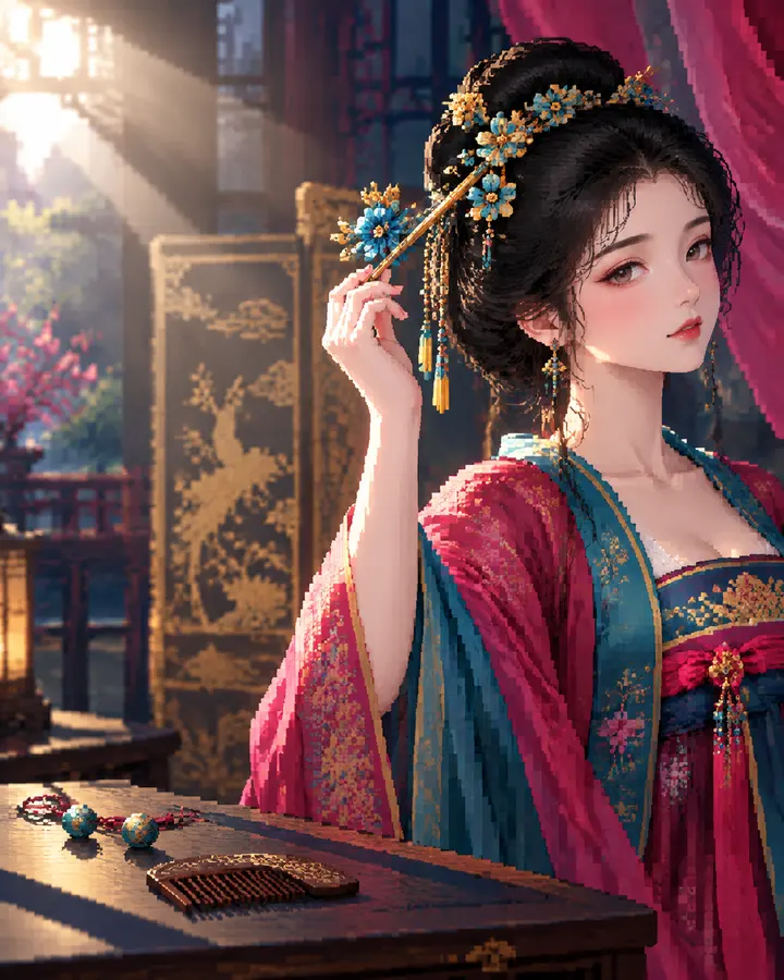 唐风像素模特佩戴鎏金发簪电商展示
