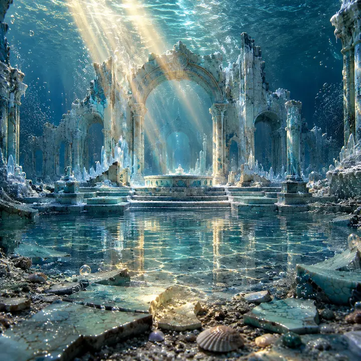 AI 绘画提示词：早春融雪湖底乳白陶瓷古城遗址