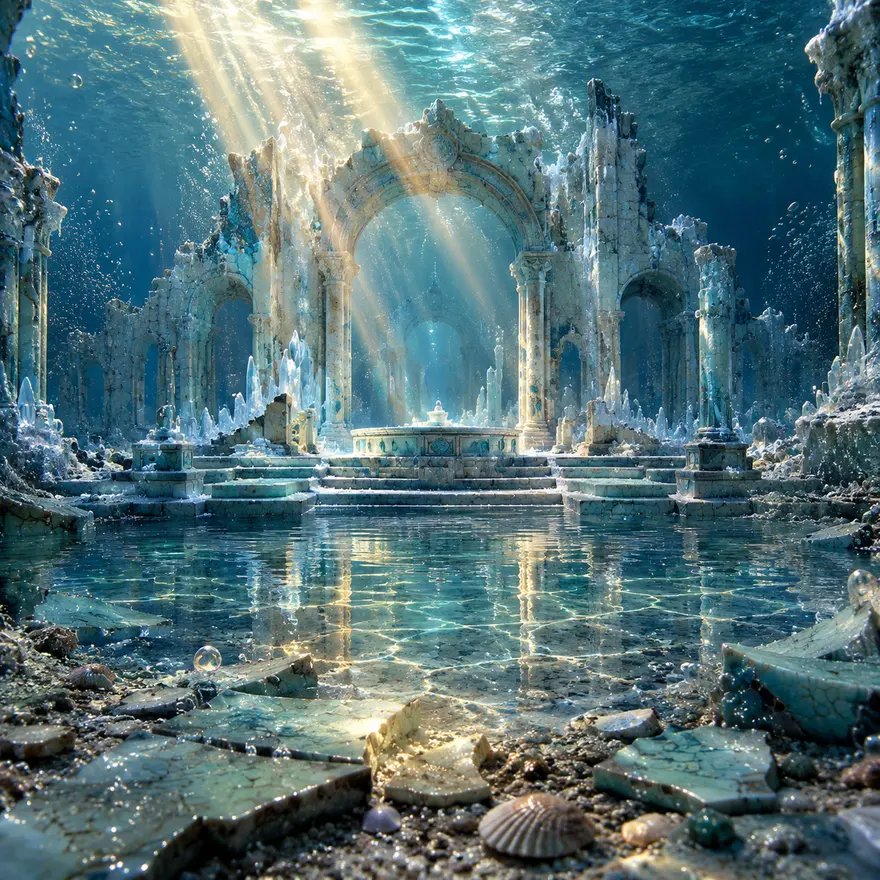 AI 绘画提示词：早春融雪湖底乳白陶瓷古城遗址