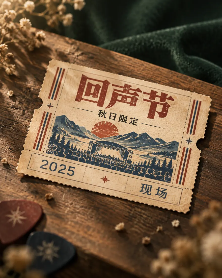 复古票根样式音乐节海报AI绘画提示词