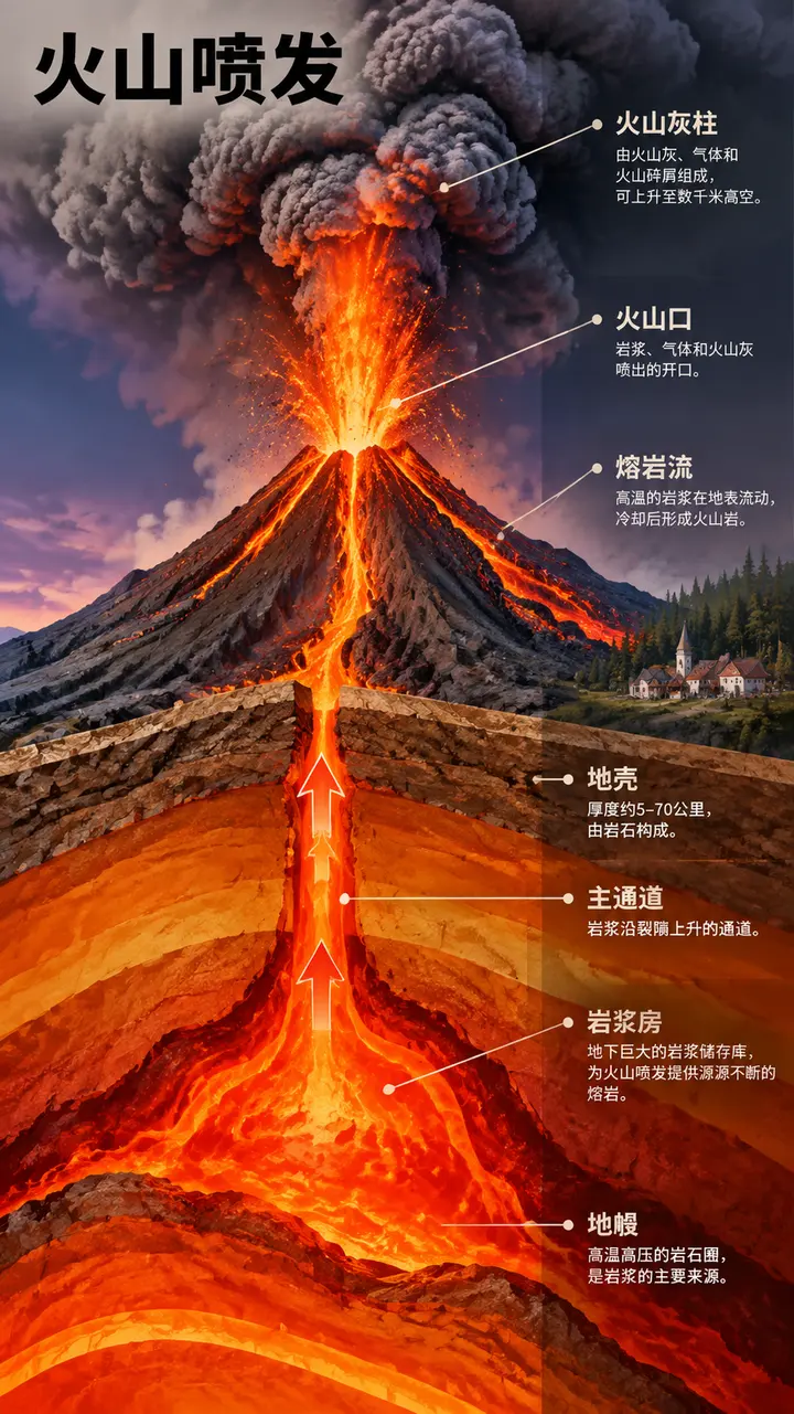 火山喷发科普图AI绘画提示词，9:16剖面对比