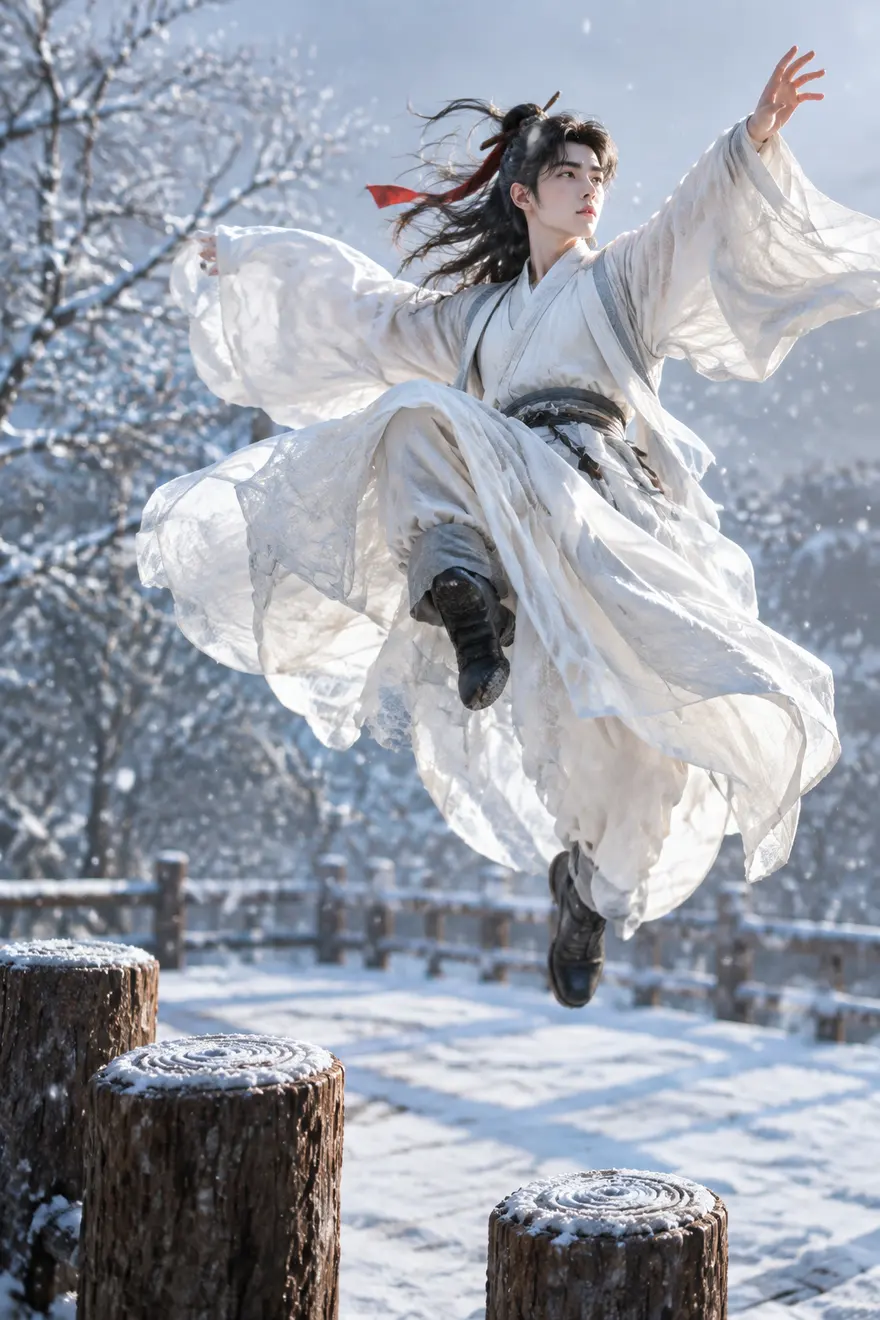 魏晋青年原木积雪跃起瞬间（AI 生成图片提示词）