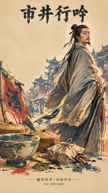 魏晋名士宽袍大袖与宋代市井符号丝网印海(AI 图片生成提示词)