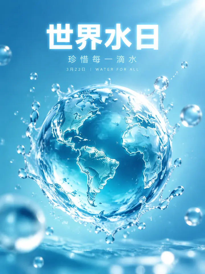 AI 绘图提示词：世界水日水滴地球3D公益海报