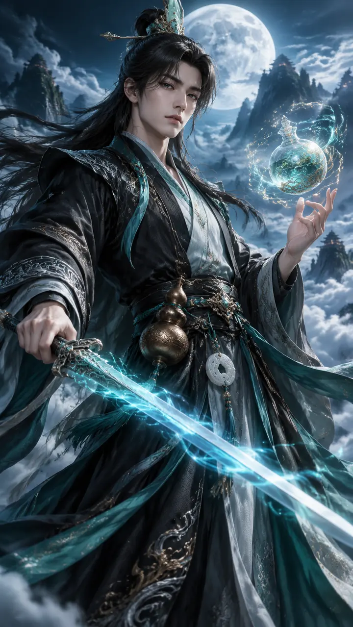 绘画提示词：古风仙侠墨衣医师御剑悬壶