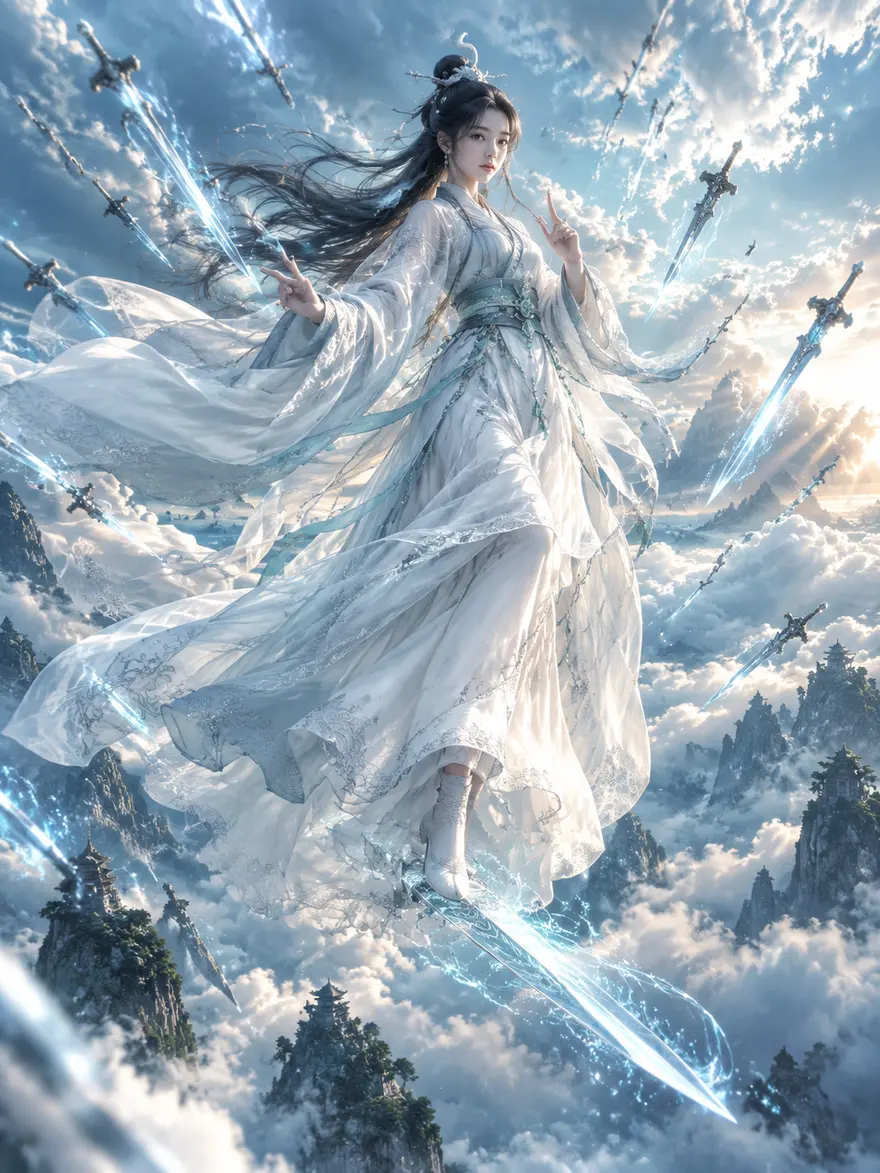 仙侠剑修白衣女子踏云揽剑光图片生成提示词