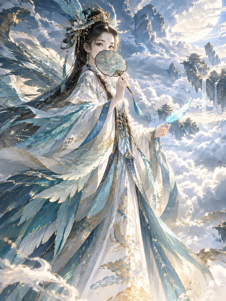 古风仙侠青鸾神女执扇立云海（生图提示词）