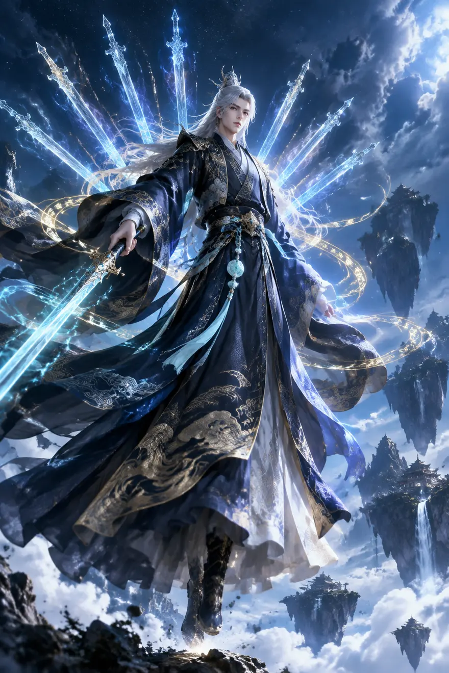 AI 绘图提示词：古风仙侠白发剑尊凌空御剑
