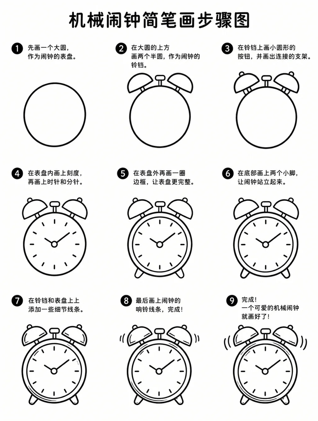 一看就会的机械闹钟简笔画步骤图