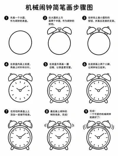 一看就会的机械闹钟简笔画步骤图