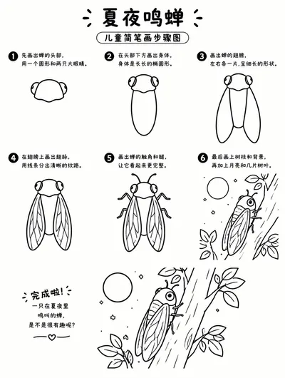 简笔画步骤图：夏夜鸣蝉轻松画