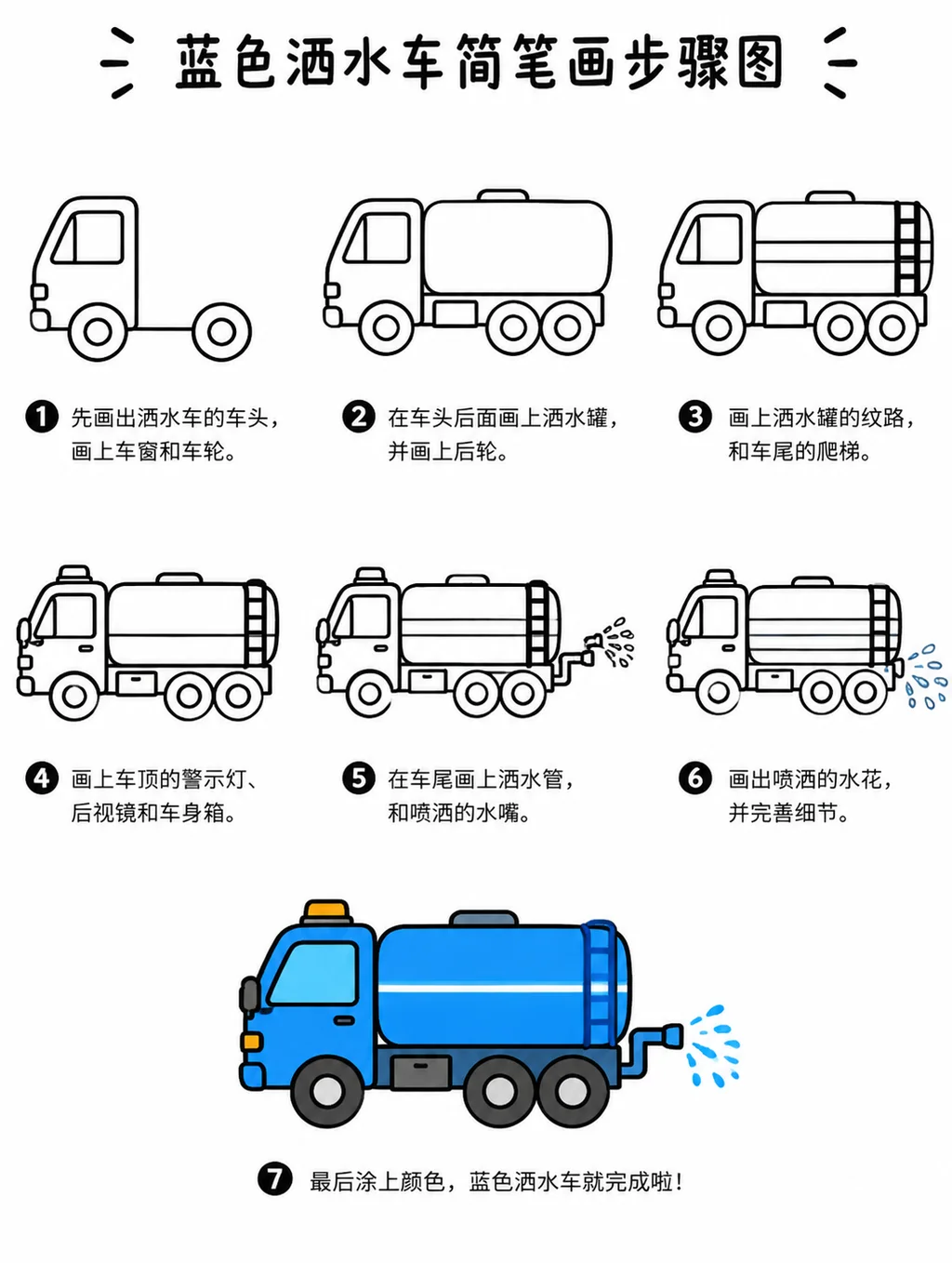 零基础也能画的蓝色洒水车简笔画