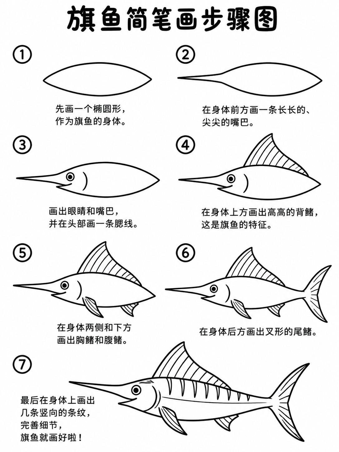 素描简笔画｜速写旗鱼·形准有神