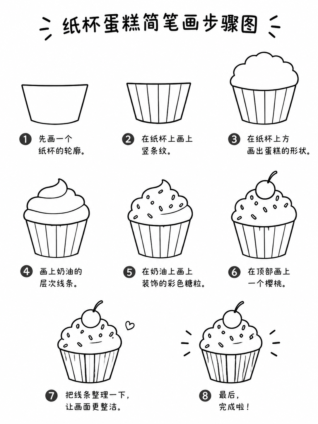 纸杯蛋糕少儿简笔画，八步勾出甜香小纸杯