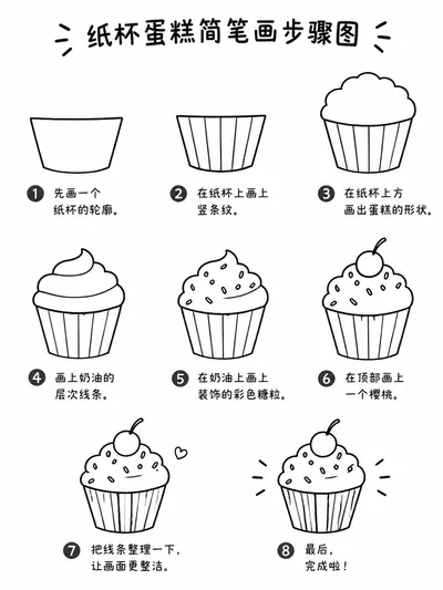 纸杯蛋糕少儿简笔画，八步勾出甜香小纸杯