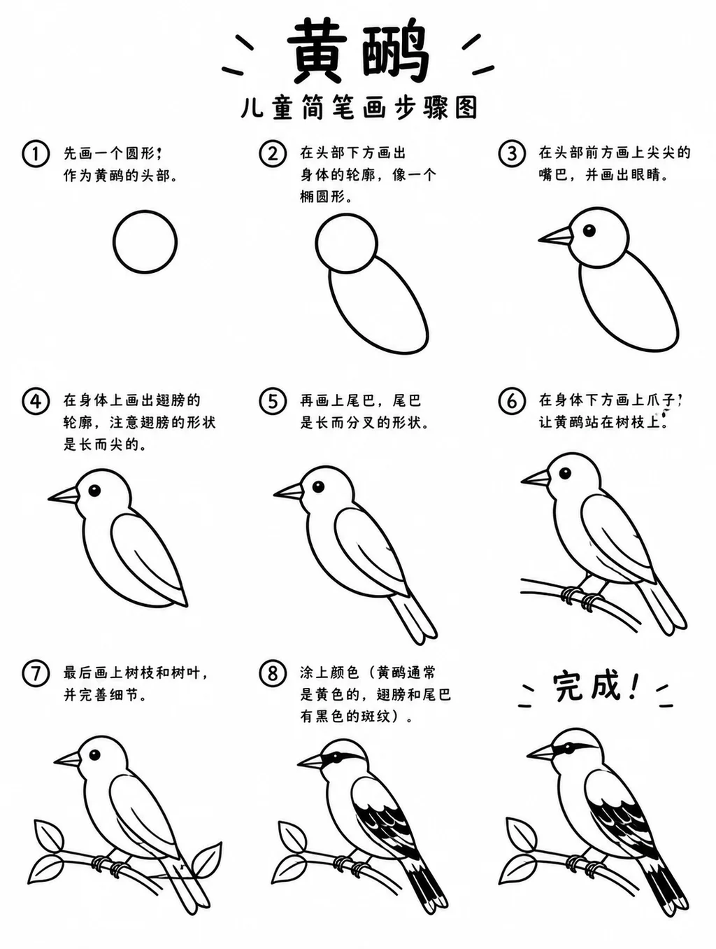 教你怎么画幼儿简笔画黄鹂
