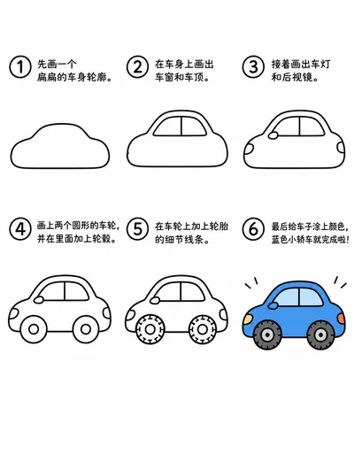 幼儿简笔画蓝色小轿车怎么画