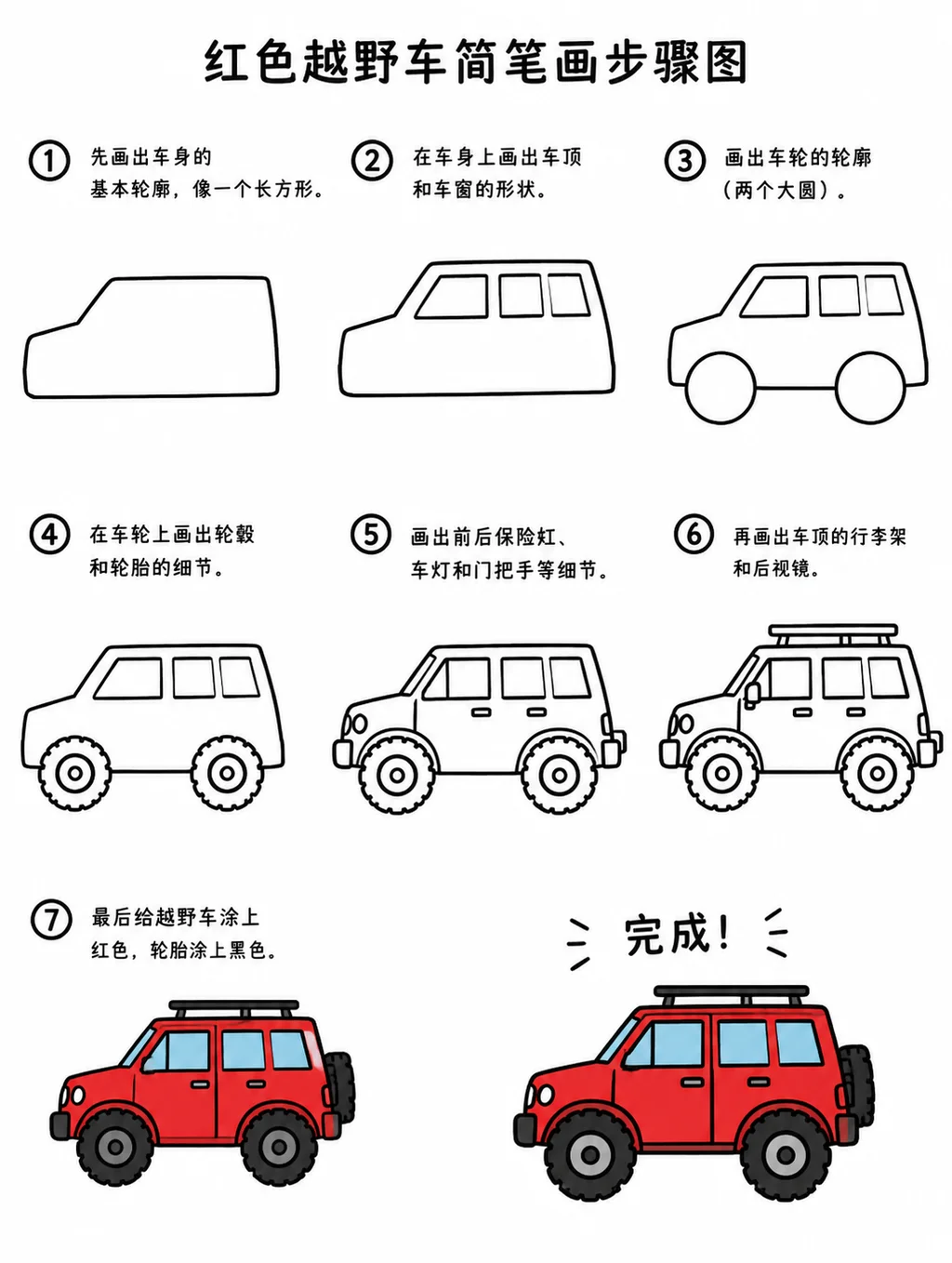 简单易学的小学生简笔画红色越野车