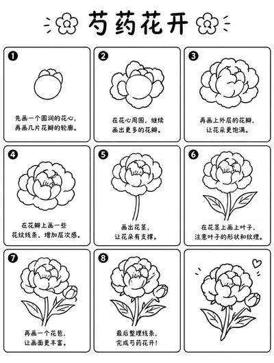 芍药花开简笔画步骤图教程