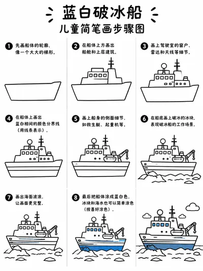 蓝白破冰船学前简笔画·梯形起手七步成型