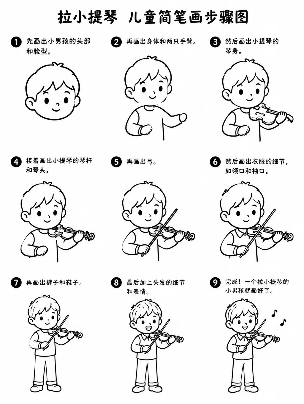 零基础也能画的小男孩拉小提琴简笔画