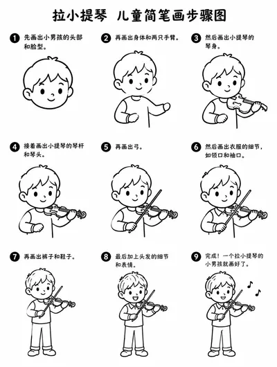 零基础也能画的小男孩拉小提琴简笔画