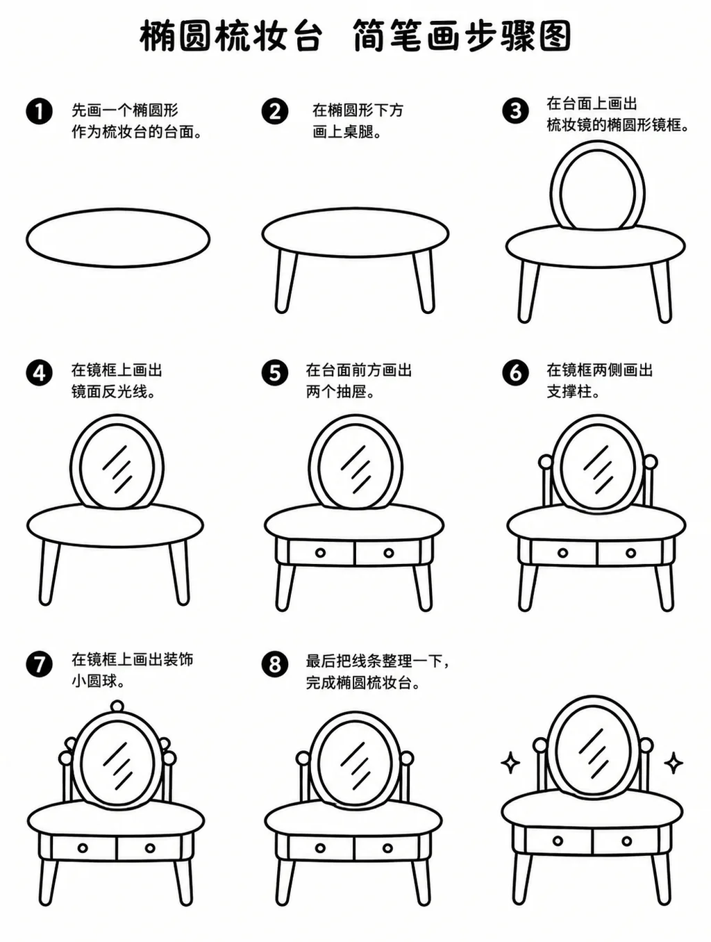 简单易学的椭圆梳妆台简笔画画法