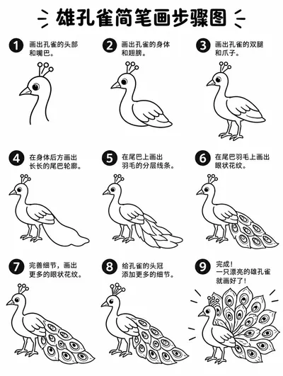 雄孔雀简笔画怎么画才简单？