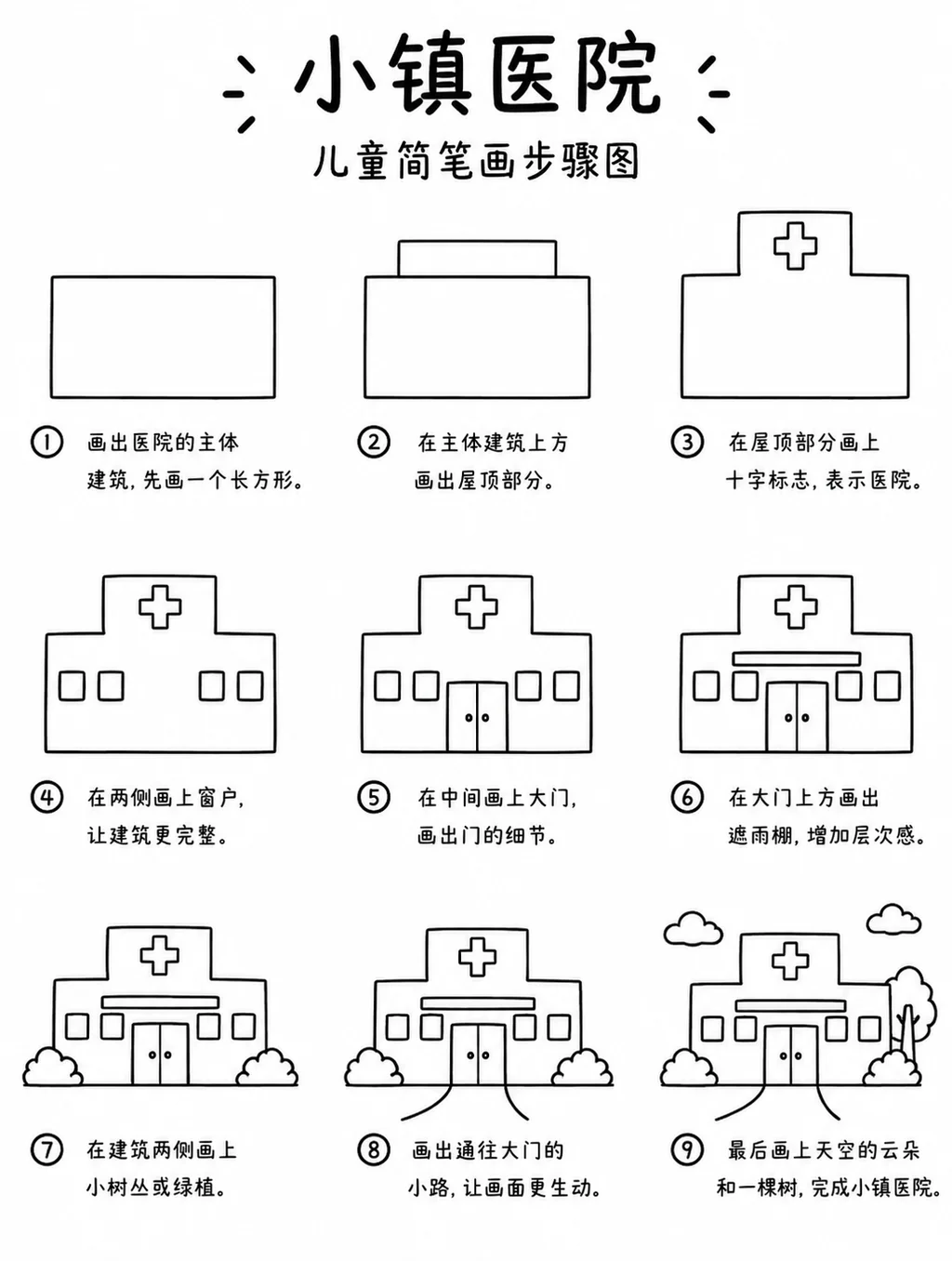 儿童简笔画小镇医院画法