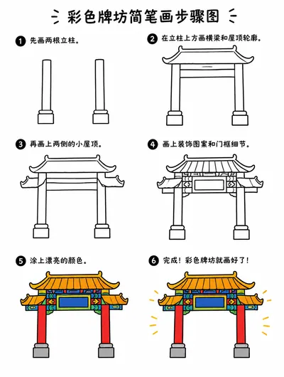 简单几笔画出彩色牌坊的简笔画步骤图
