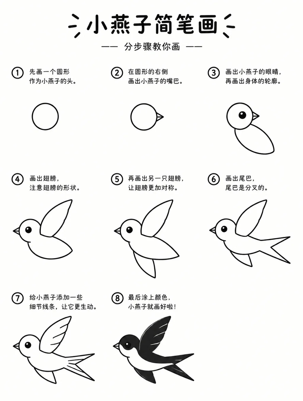 小学生简笔画：圆头分叉尾的小燕子