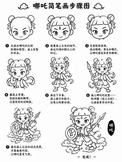 零基础也能画的哪吒简笔画步骤图