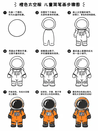 简笔画大全：橙色太空服分步线稿拆解