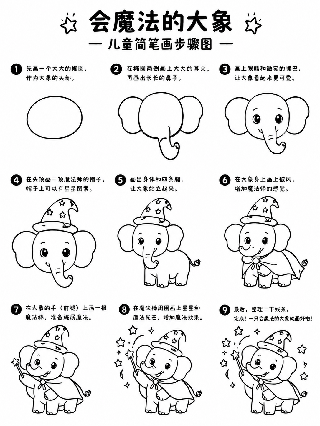 会魔法的大象儿童简笔画 9步画出萌趣魔法师