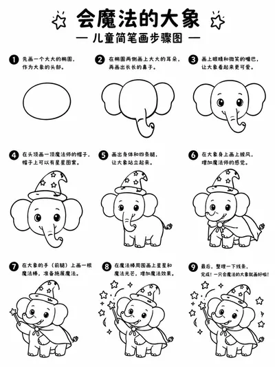 会魔法的大象儿童简笔画 9步画出萌趣魔法师