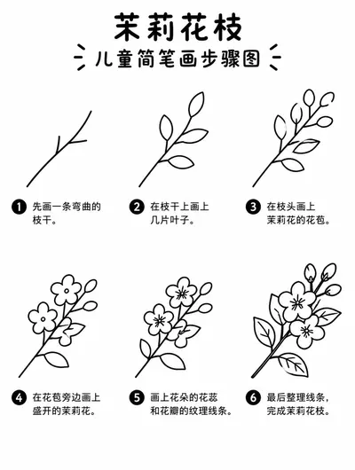 一步一步学画茉莉花枝简笔画