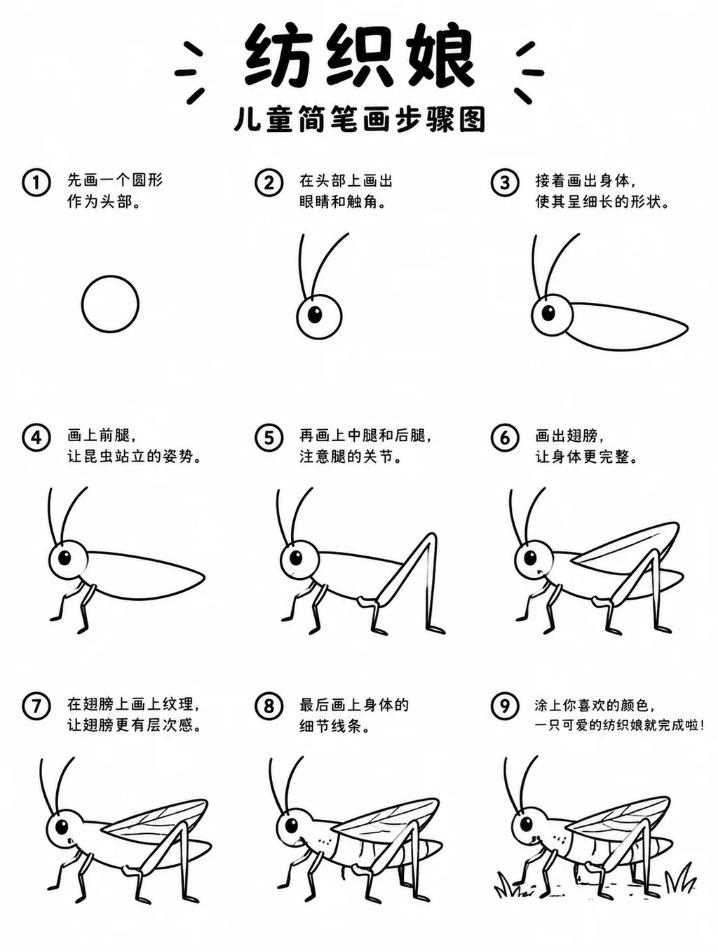 纺织娘简笔画步骤图，零基础也能画出生动姿态