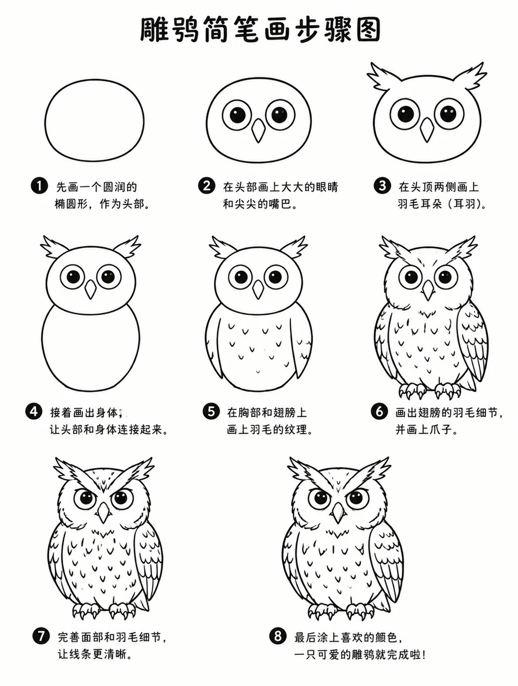 零基础也能画的雕鸮简笔画步骤图