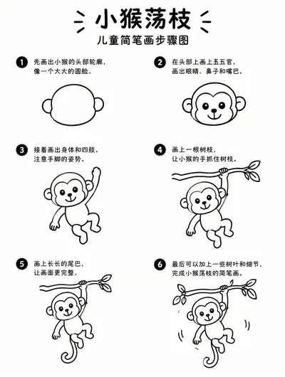 儿童简笔画小猴荡枝，线条灵动
