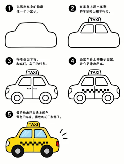 黄色出租车幼儿简笔画几步画出小盒子车身